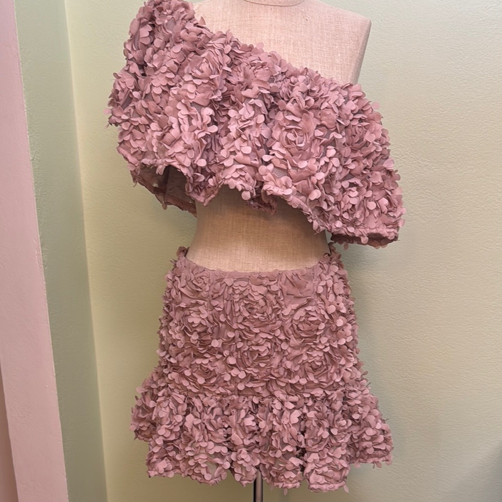 ASOS Luxe size 2 Floral Lace Bardot top skirt Set in Pink mauve - Picture 5 of 16